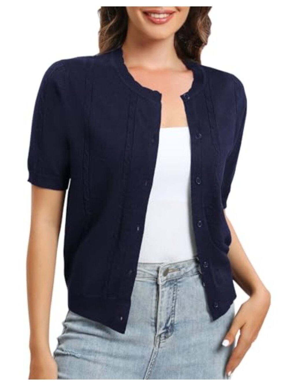 Short Sleeve Round Neck Shrugs for Dress Lightweight Knit Sweater Cardigan